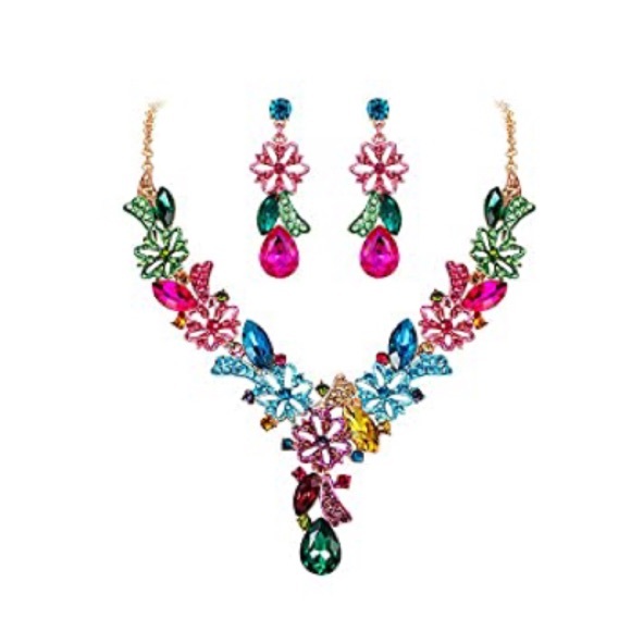 Crystal Jewelry Set, Flower Teardrop Necklace Earrings Set - Picture 6 of 6